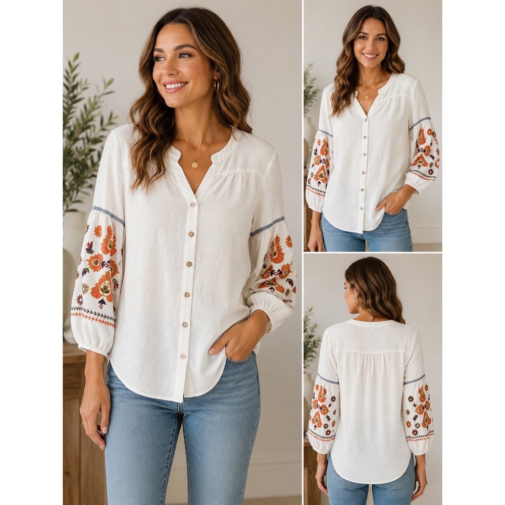 Fig and Flower White Embroidered Floral Puff Sleeve Blouse Top VAL1P33 Medium